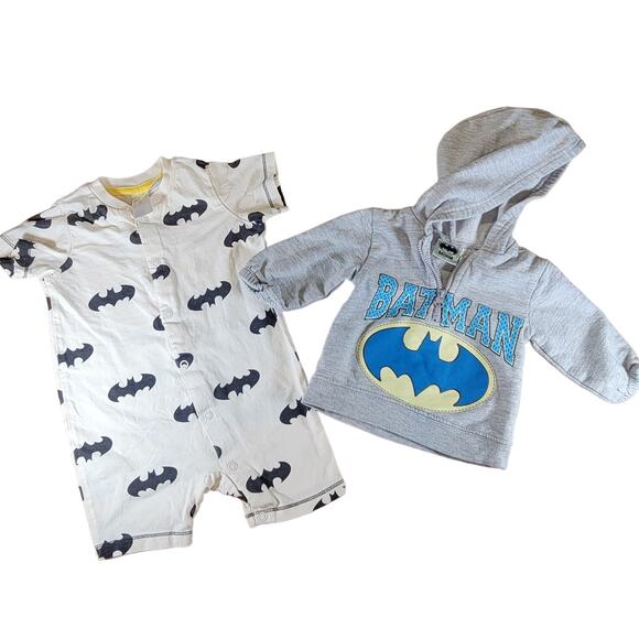 Batman Baby Unisex Gray Hoodie 0-3M & White Sleeper 4-6M Set with Logo Prints - Picture 1 of 13